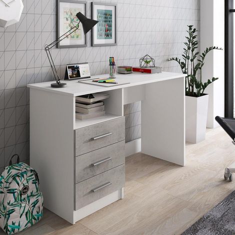 Dmora - Escritorio Ardauli, Escritorio multiusos, Mesa de oficina para PC, El plan de trabajo, 120x48h75 cm, Blanco y Cemento (1/5)