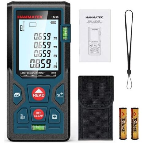 Télémètre laser numérique. LM50 50 m. Mesure de longueur, de surface, de volume et application du théorème de Pythagore. Écran LCD rétroéclairé. Indice de protection IP54 (50 m). (1/5)