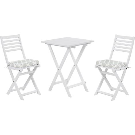 Conjunto bistró de jardín blanco de madera de acacia 3 piezas con cojines verde menta plegable diseño moderno Fiji