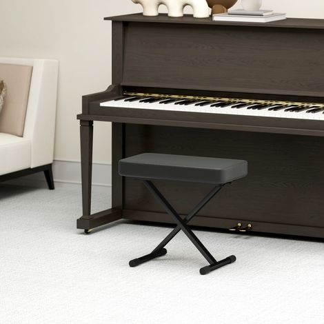 Tabouret de piano noir réglable en hauteur, 4 positions, assise en cuir PU et mousse, structure métallique, dimensions 60x32x53-63 cm, pliable (1/5)
