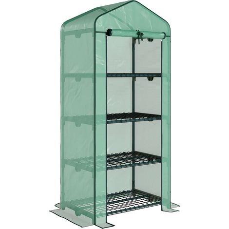 GagaSerre de jardin PE avec étagères 4 niveaux, serre de balcon, bâche renforcée 140 /m², châssis en acier, porte zippée enroulable, pour légumes plantes, intérieur extérieur, 70x50x160cm, vert (1/5)
