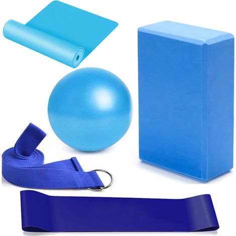 Ensemble 5 pièces accessoire fitness, ballon PVC, bloc mousse, sangle coton, élastique résistance, yoga pilates (1/5)