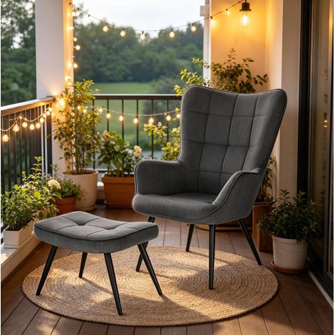 Fauteuil avec repose-pieds en velours côtelé gris HAVRYA (1/5)