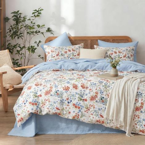 Housse de Couette 140x200 cm Bleu Fleur Feuilles, Tropicales Parure de Lit 1 Personne Ado en Microfibre avec Fermeture Éclair Linge de Lit et 1 Taie d'oreiller 65x65cm (1/5)