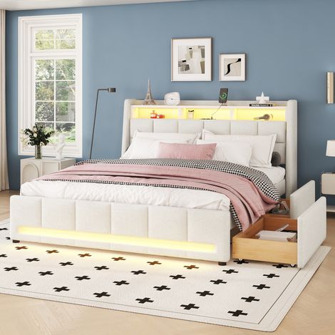 Bett 140x200 Bettgestell mit Stauraum Leinen Beige OKMYHOME (1/5)
