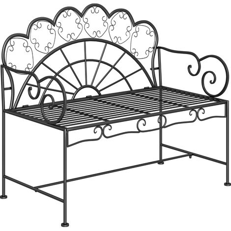 Black Metal Garden Bench 2 Seats with Slatted Seat for Outdoor (1/5)