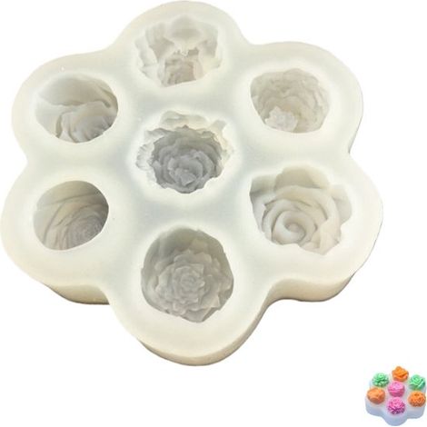 1 stampo in silicone 3D a forma di fiore, 7 cavità, stampo per candele a forma di fiore per decorazione, candele profumate, sapone, cera, colata di resina, 12 × 12 × 2,2 cm, bianco (1/5)
