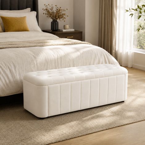Panca contenitore in velluto 132x47x24 cm, panca imbottita con contenitore per camera da letto o ingresso - beige (1/5)