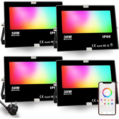 RGB Projecteur LED extérieurs 30W, changement de couleur RGBW équivalent 300W, 16 million couleurs, Minuteur, Regroupement, 3000 lumens, blanc chaud 2700K, IP66 étanche (paquet de 4) (1/5)