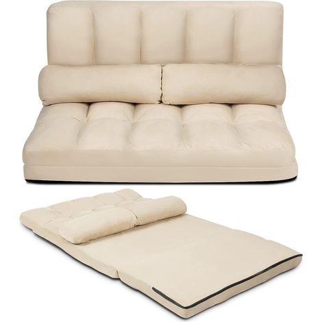 GOPLUS Canape Pliable sur Sol, Canape de Plancher avec Dossier a 5 Positions Reglables,Canape-Lit avec 2 Oreillers Amovibles et Lavables,pour Salon, Chambre a Coucher,180x113x15-61cm (Beige) (1/5)
