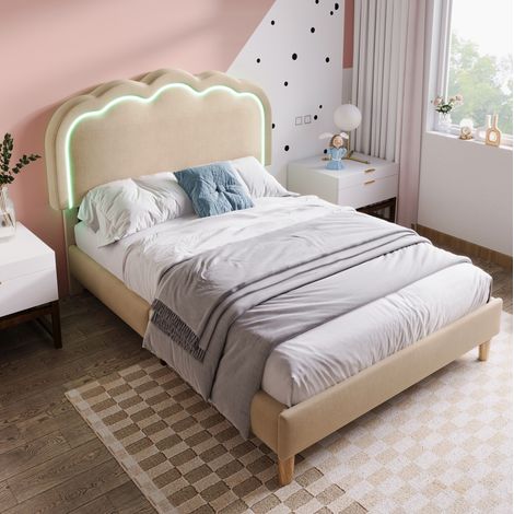 letto 90x200 con testiera LED regolabile beige OKMYHOME (1/5)