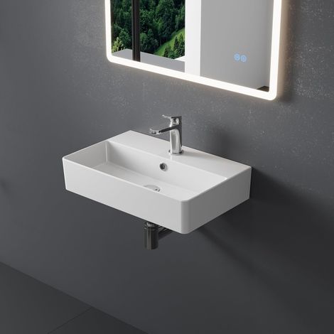 HOROW Bathroom Ceramic Wash Basin Sink (White, 56  36  14cm) - Countertop or Wall Mounted Rectangular Basin,Slim Edge & Storage Ledge Design for Bathroom, Cloakroom (1/5)