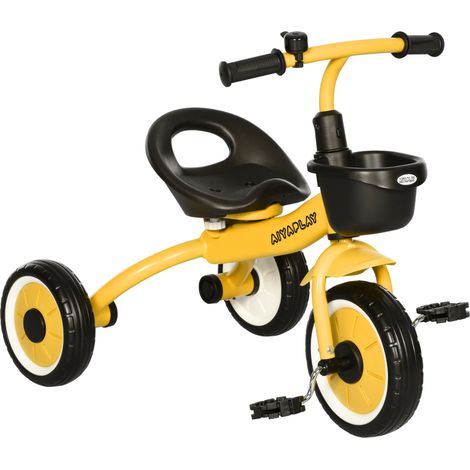 Tricycle pour enfants de 2 à 5 ans avec siège réglable, 70,5 x 53 x 58 cm, vélo pour enfants avec panier et cloche, jaune