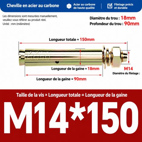 Goujon d'ancrage cheville métallique M14 x 150 mm lot de 2 pièces m14 150 2 pièces 1 kg – Livraison gratuite