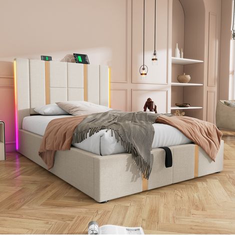 Cama dormitorio con almacenamiento LED y carga beige OKMYHOME (1/5)