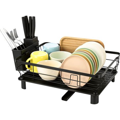 Égouttoir Compact avec Bec Rotatif 360°, Égouttoir en Acier Carbone avec Porte-Ustensiles, Support de Séchage Gain de Place pour Petites Cuisines, Système de Drainage Automatique (1/5)