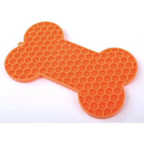 Tapis à lécher petit os orange 18x11cm - Tapis à lécher pour chien - Tapis à lécher en silicone - Distributeur de croquettes anti-glouton - Tapis d'alimentation (1/2)