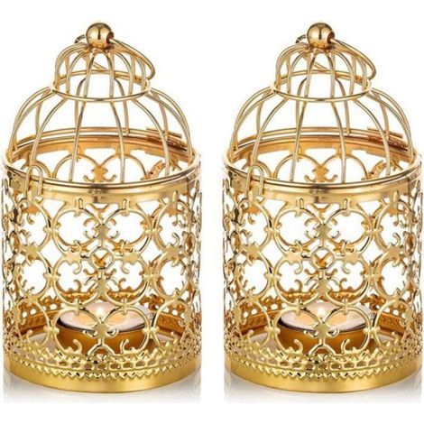 2 lanternes cage oiseaux métal, doré bougie (1/5)
