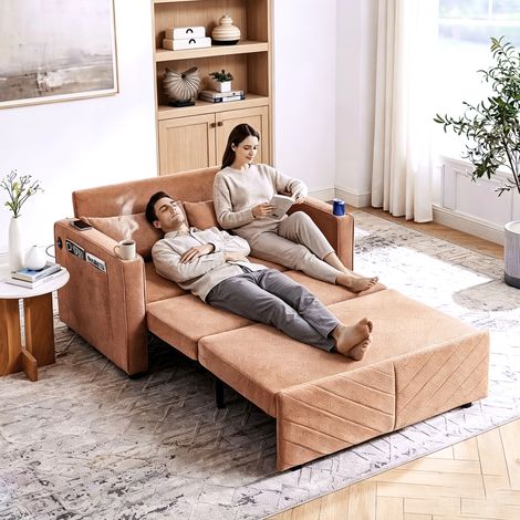 REDOM - Canapé convertible 2 places 3 en 1, fonction méridienne, ports USB intégrés, rembourrage élastique, bois et tissu orange (1/5)