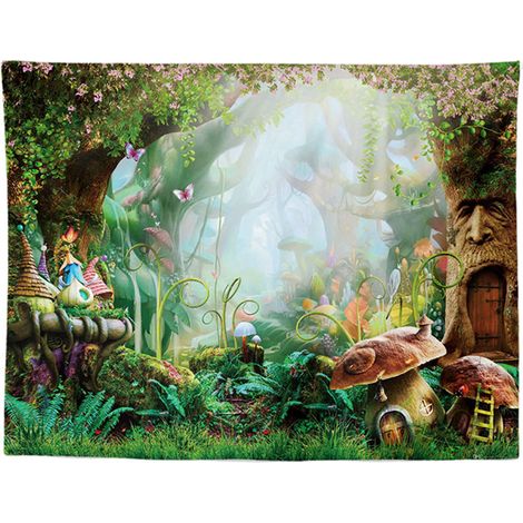 Tapisserie murale Jungle Verte 150×130cm, décor de forêt féerique et fantastique pour chambre d'enfant, salon, dortoir, fond pour fête d'anniversaire (1/4)