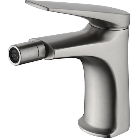 IMEX Grifería bide monocomando en latón con acabado acero anticorrosión cartucho cerámico Ø28 mm flexibles 3-8 incluidos altura 142 mm cano 130 mm – Modelo DELOS BDD055-2AC