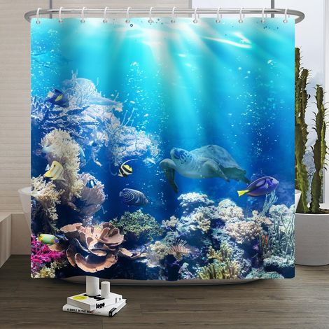 1 Rideau de douche,Océan,Vie marine,Tortues,Poissons,Résistant moisissure,Salle de bain,180x200cm