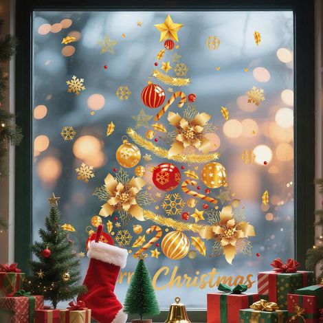 Sticker Fenêtre - Arbre De Noël Et Flocon De Neige - Film Pvc Transparent Réutilisable - Décoration Vitre Intérieure Extérieure - 1 Pièce (1/4)