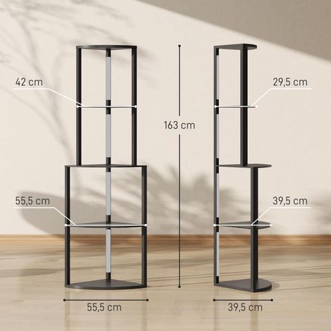 Lampadaire sur pied salon, lampadaire avec étagères d'angle à 4 niveaux, luminosité réglable, 55,5 x 39,5 x 163 cm, noir (1/5)