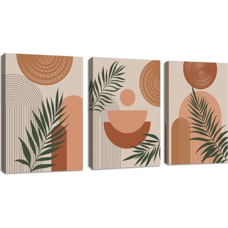3Pcs Boho Géométrique Lignes Tableau Decoration Murale Avec Cadre, Terre cuite Esthétique Plantes Feuilles Impression Sur Toile Nordique Minimaliste Tableau Peinture Décor pour Chambre Salon 40x60cmX3 (1/5)