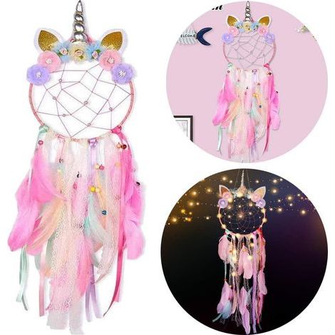 Unicorn dreamcatcher, wall-hanging dreamcatcher with colorful feathers and flowers for parties. (1/5)