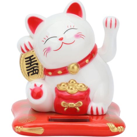 Une Statue en Céramique Chat Chanceux, Bienvenue Aux Bijoux Chat Fortune, L'énergie Solaire Conduit Jolis Chats Chanceux à Bras Oscillants, Chinese Feng Shui Decoration Lucky Cat (Blanc) (1/5)