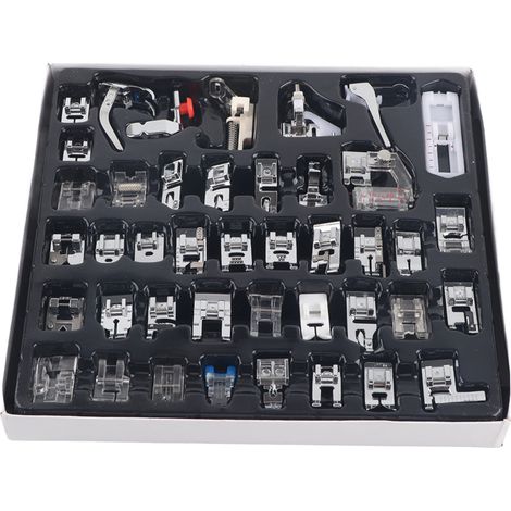 Ensemble de 42 pièces pour machines à coudre multifonctions : pieds-de-biche pour tressage, point invisible et reprise.