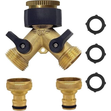 Robinet Double Machine a Laver, 2-Voies Y-Distributeur, Adaptateur Tuyau Arrosage en Laiton de 3/4"&1/2", Raccord en Y avec 2 Répartiteur de Tuyau pour Connexion de 2 Appareils (1/5)