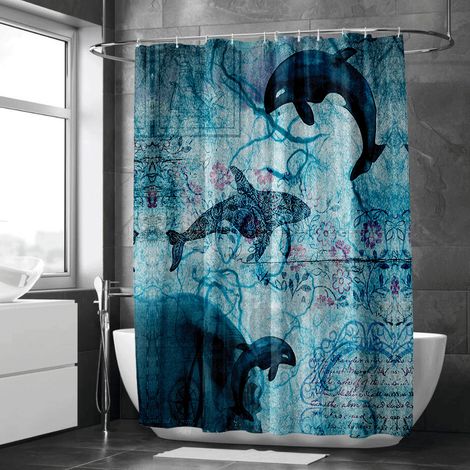 Rideau de douche motif tortues et coraux stylisés, polyester imperméable, 150x180 cm (1/5)