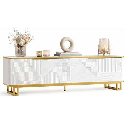 Meuble TV bas géométrique blanc et doré avec 4 portes, rangement ouvert, passe-câbles arrière, MDF et structure métal, 160 cm, pour salon moderne - CHICFURN (1/5)