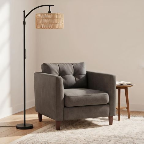 OUTON Floor Lamp Rattan App, 2 Shades, 12 W Vintage, Black  Arc Boho, Remote Control and Touch Control, 4 Colour Temperatures, Living Room, Bedroom, Office (1/5)