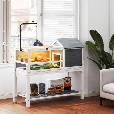 Maison en bois pour tortues doté de porte-lampe réglable, toits pliants, plateau amovible et étagère inférieure