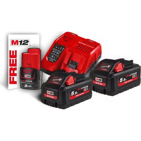 Kit 2 Batterie 18V 5.5Ah +Caricabatterie Milwaukee M18HNRG-552 Batteria M12 3Ah Omaggio (1/3)