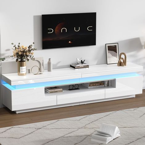 Meuble TV 175x38x45cm - Avec 2 portes et 1 tiroir - Avec éclairage LED - Finition brillante - Blanc (1/5)