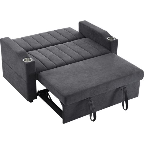 2-Sitzer-Schlafsofa grau aus Stoff mit Armlehnen, Becherhaltern und 2 Kissen (1/5)