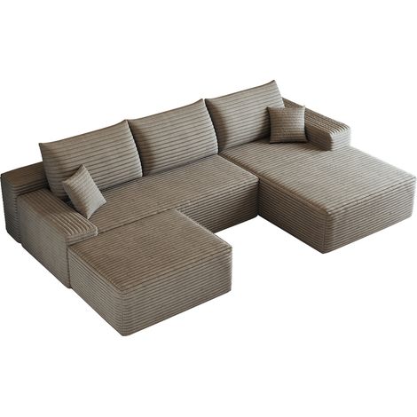 Canapé d'angle modulaire 270 cm avec chaise longue en velours côtelé camel, sans montage (1/5)