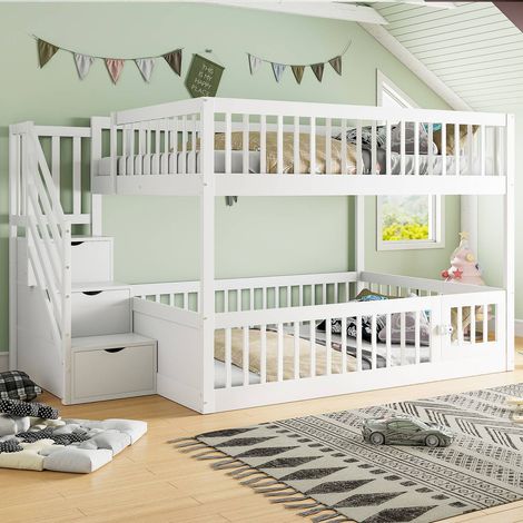 Lit superposé 140x200 cm en bois blanc avec escalier sécurisé et tiroirs de rangement, lit enfant et ado (1/5)