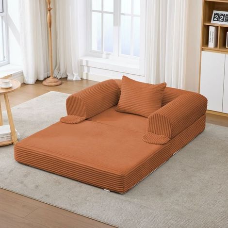 Canapé Convertible 1 Place Velours Côtelé Orange - Canapé-Lit - Fauteuil 2 en 1 Gain de place avec Coussin Mousse Haute Densité (1/5)