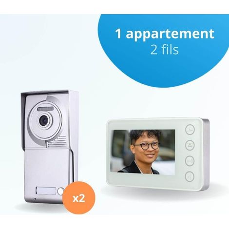 Portier interphone vidéo NEO 2 Fils pour 2 entrées - 1 appartement - 2 platines - 1 écran blanc