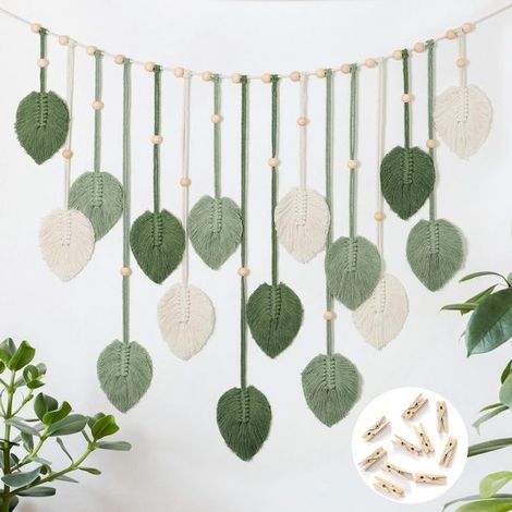 Tapiz de pared grande de macramé，decoración con hojas，tapiz tejido para dormitorio，sala de estar y habitación infantil (verde) (1/5)