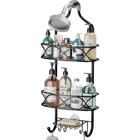 1 Étagère de douche, métal noir, 3 niveaux, crochets, porte-savon, salle de bain (1/5)