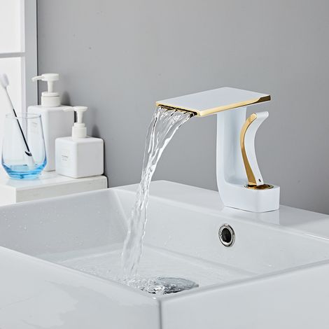 Waterfall Bathroom Faucet, Brass Single Handle, Hot and Cold Water Sink Faucet, White Gold (1/5)
