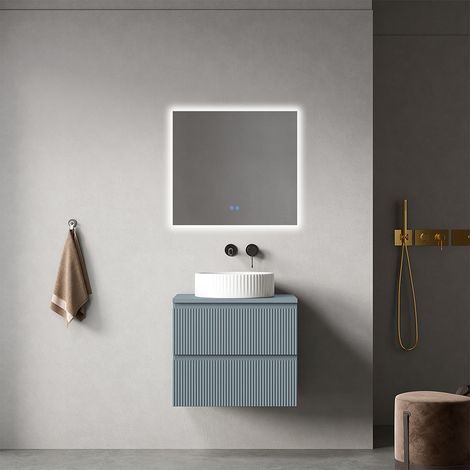 Mobile bagno sospeso cannettato 60 cm Blu Avio per Lavabo d'appoggio Specchio Quadro Retroilluminato - Fiji Paint Top Canneté