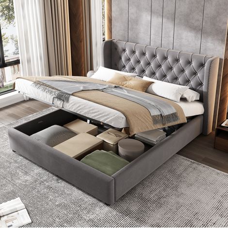 Cama tapizada 140/200 cm gris de terciopelo con canapé abatible (1/5)