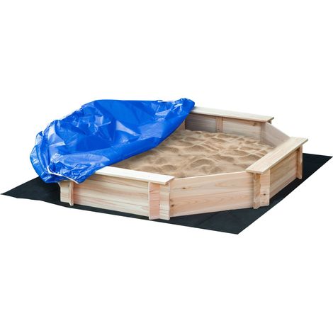 Bac à sable octogonal 139.5 x 139.5 x 21.5 cm 4 bancs bâche et géotextile jardin rustique sapin huilé en bois naturel (1/5)